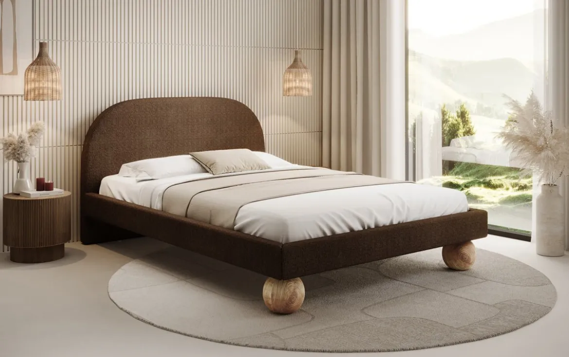 Designer Polsterbett Milo in Bouclé mit runden Holzfüßen