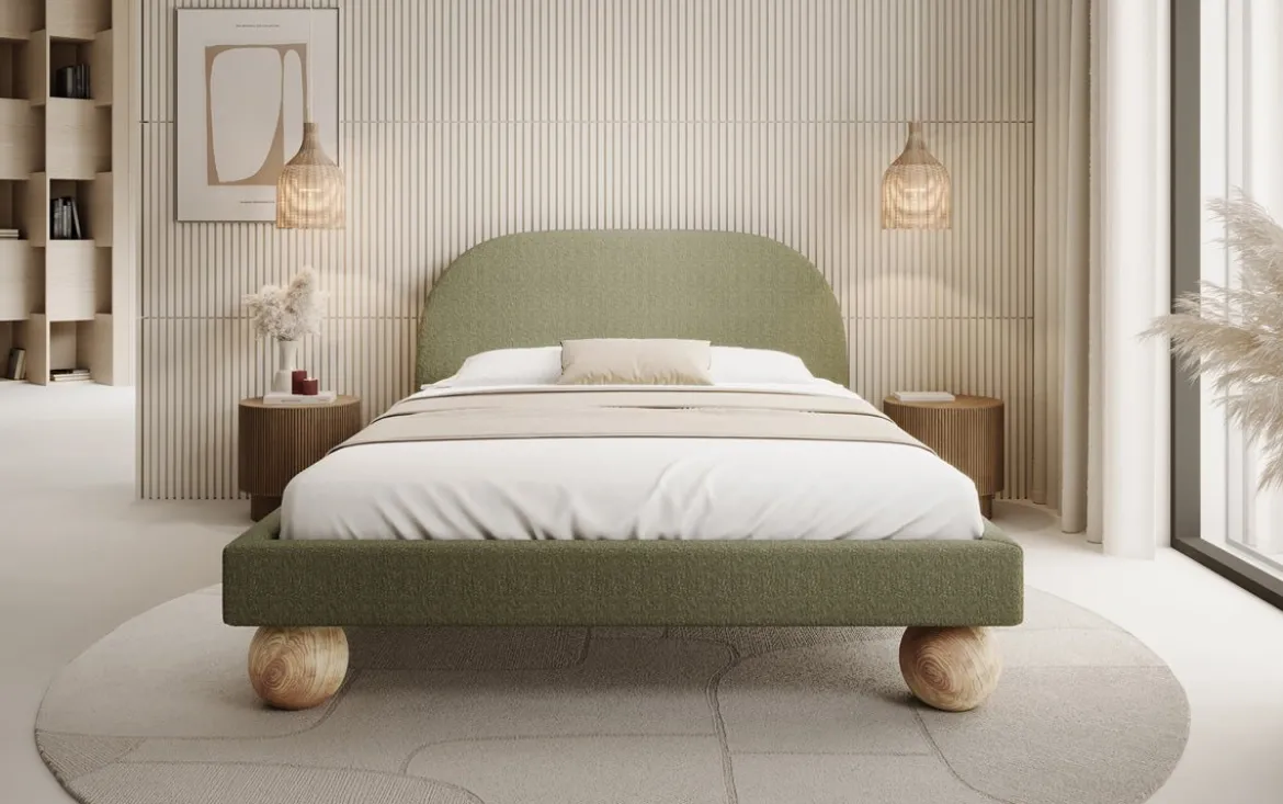 Designer Polsterbett Milo in Bouclé mit runden Holzfüßen