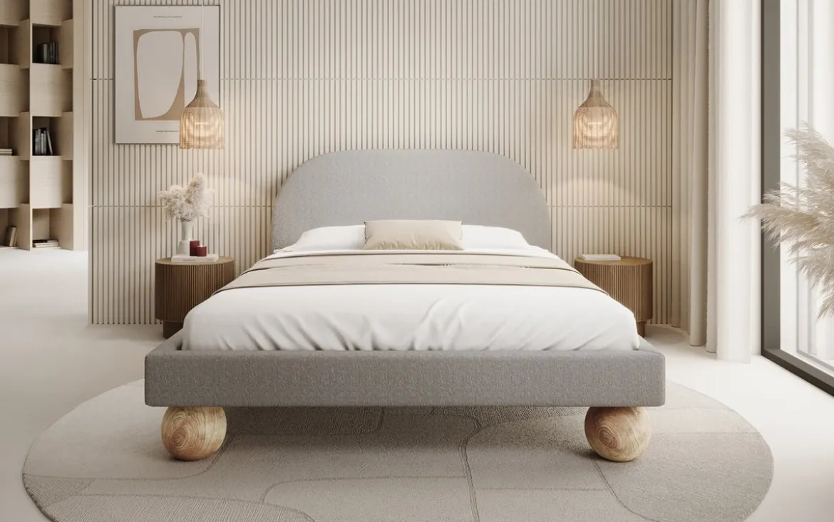 Designer Polsterbett Milo in Bouclé mit runden Holzfüßen