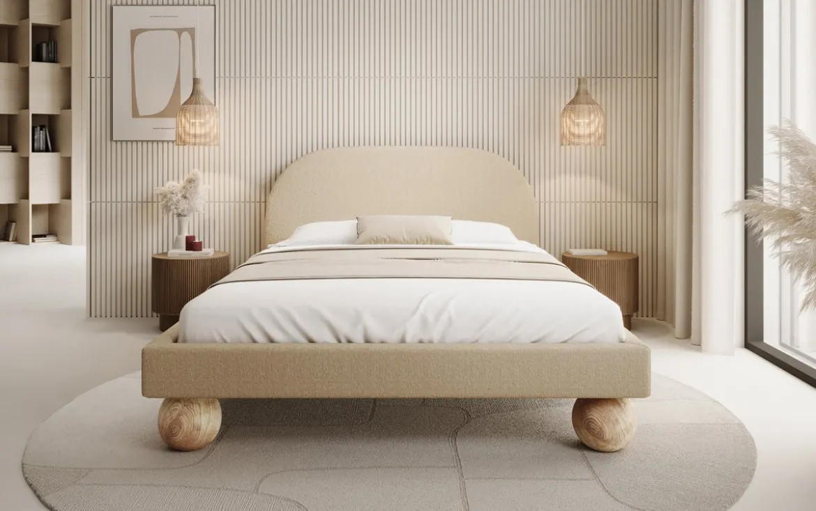 Designer Polsterbett Milo in Bouclé mit runden Holzfüßen