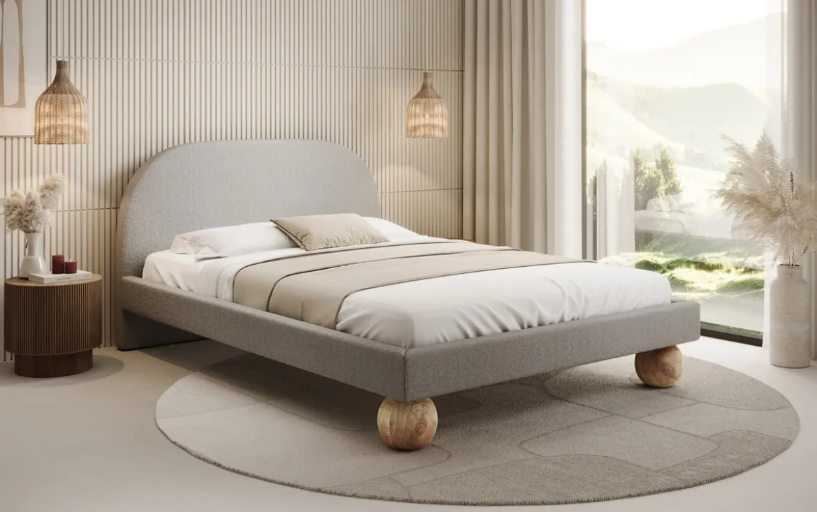 Designer Polsterbett Milo in Bouclé mit runden Holzfüßen