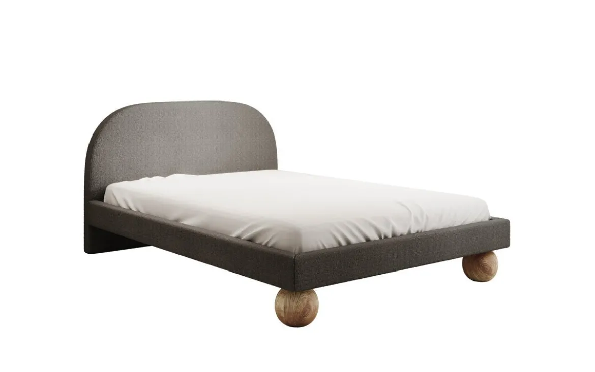 Designer Polsterbett Milo in Bouclé mit runden Holzfüßen