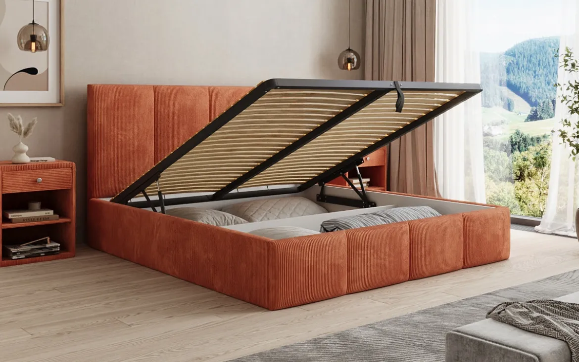 Designer Polsterbett Mina in Cord mit Stauraum