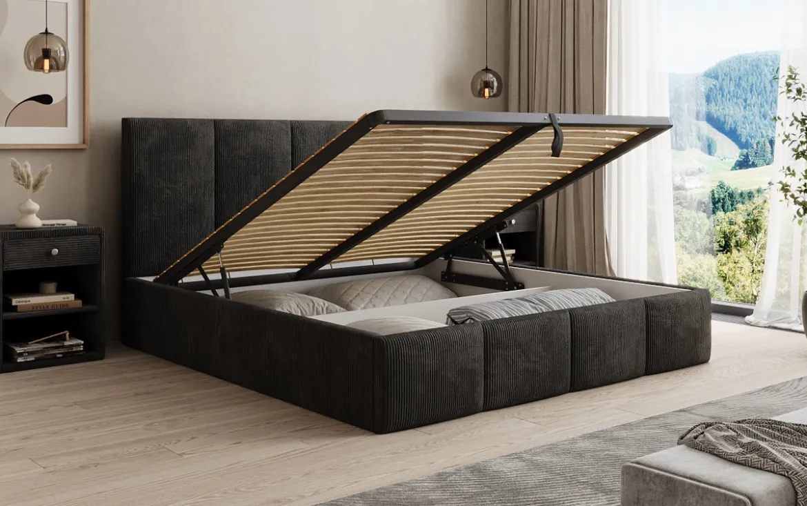 Designer Polsterbett Mina in Cord mit Stauraum
