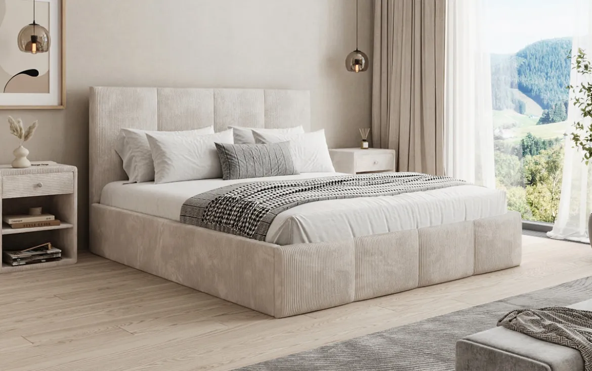 Designer Polsterbett Mina in Cord mit Stauraum