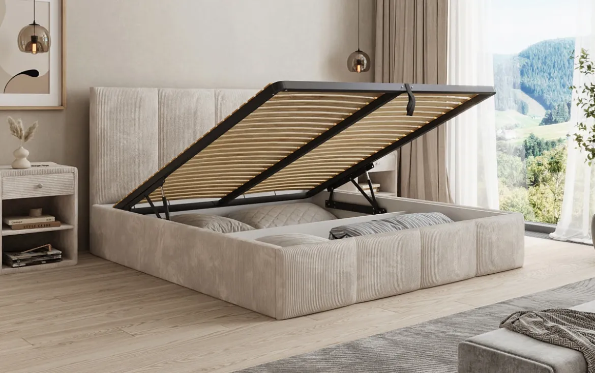 Designer Polsterbett Mina in Cord mit Stauraum