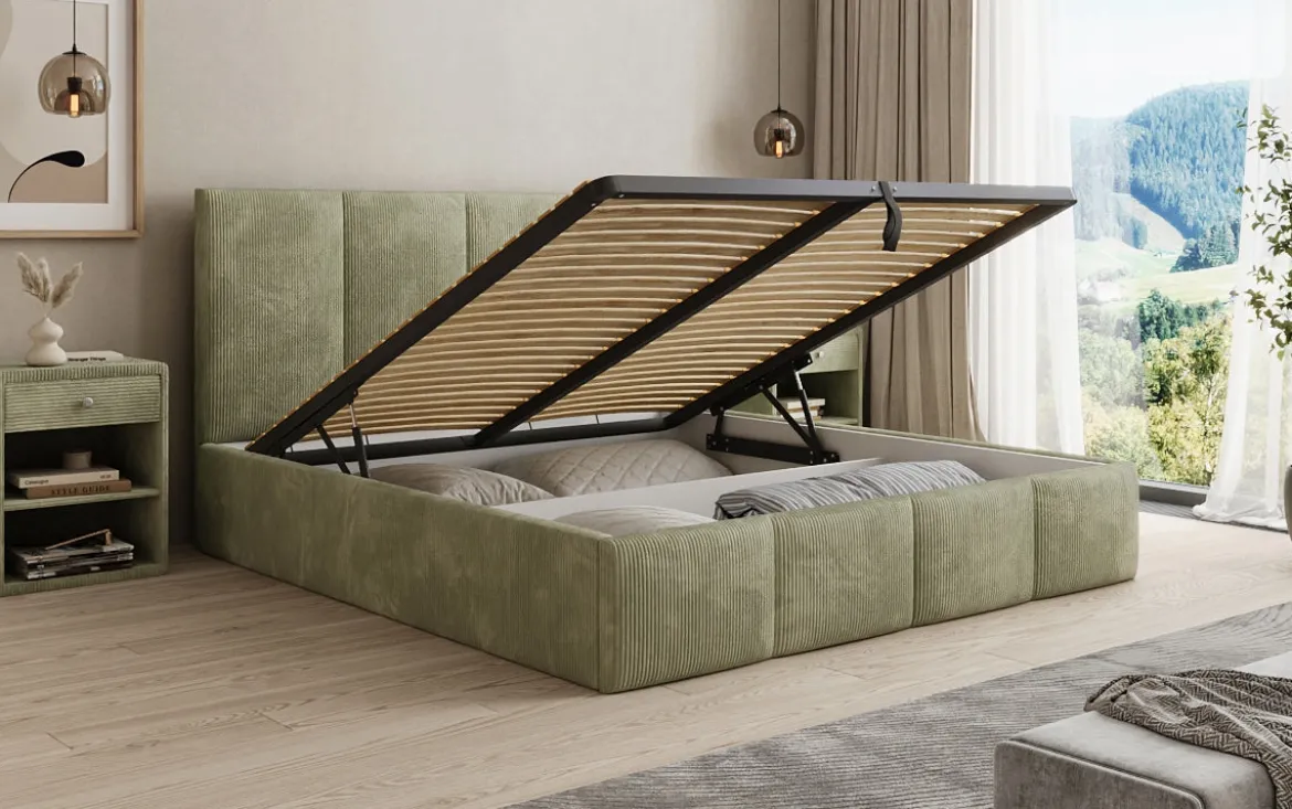 Designer Polsterbett Mina in Cord mit Stauraum