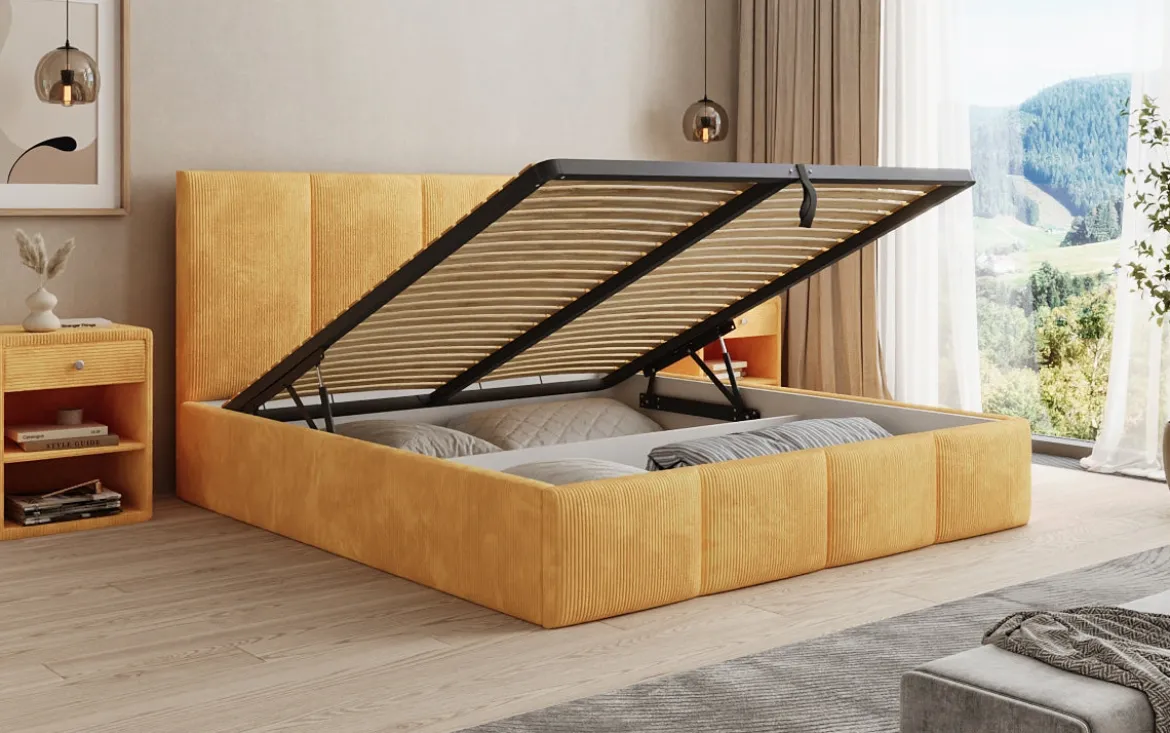 Designer Polsterbett Mina in Cord mit Stauraum