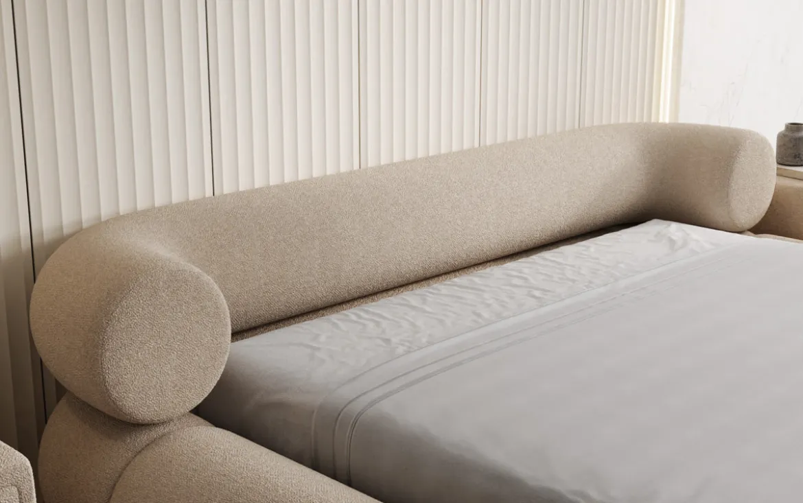 Designer Polsterbett Mochi in Teddy Bouclé mit Stauraum
