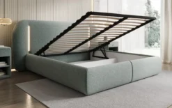 Designer Polsterbett Momo in Strukturstoff mit Stauraum und LED