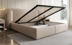Designer Polsterbett Momo in Strukturstoff mit Stauraum und LED