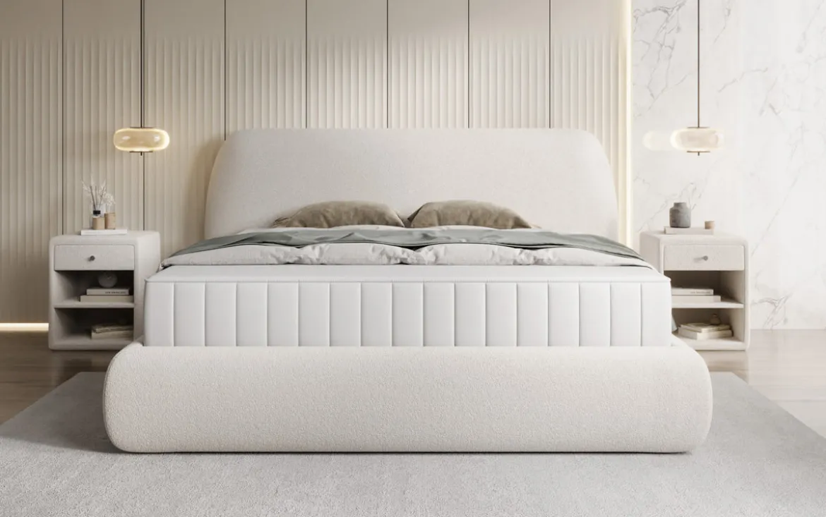Designer Polsterbett Nella in Teddy Bouclé mit Stauraum
