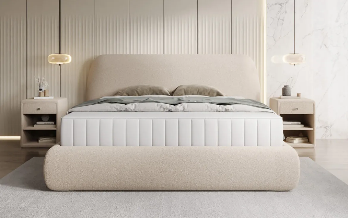 Designer Polsterbett Nella in Teddy Bouclé mit Stauraum
