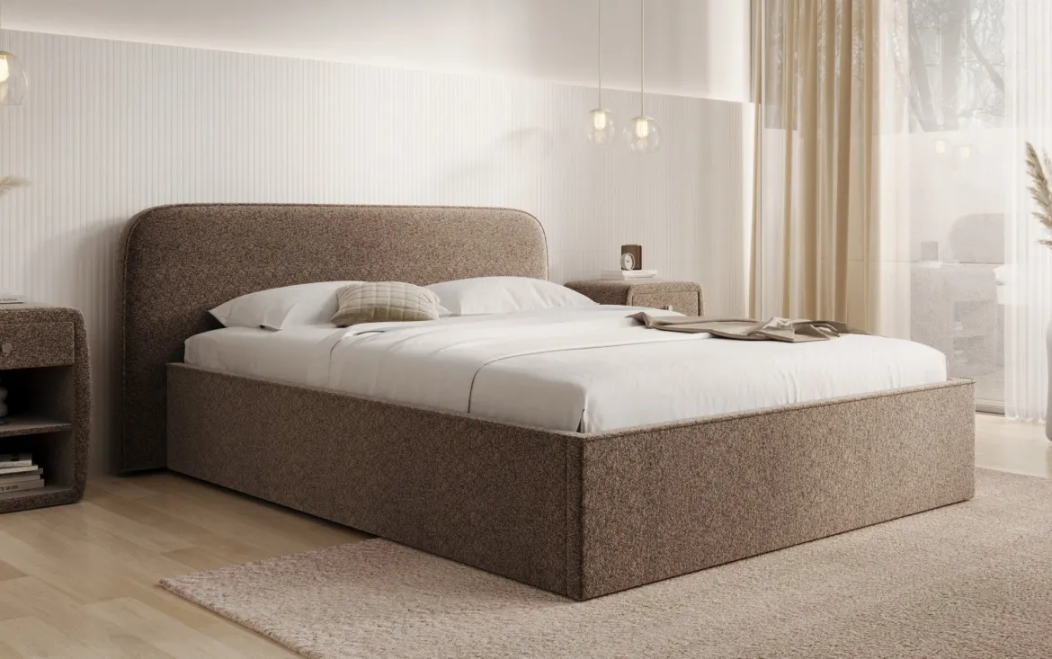 Designer Polsterbett Nola in Strukturstoff mit Stauraum