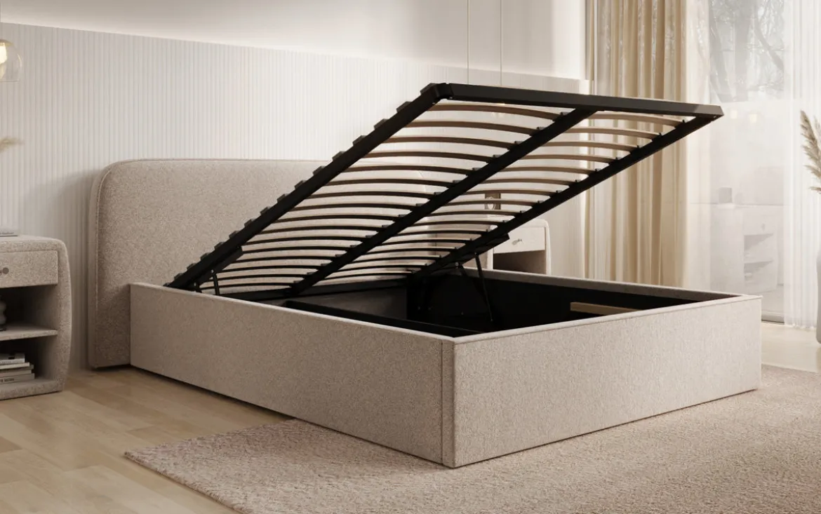 Designer Polsterbett Nola in Strukturstoff mit Stauraum