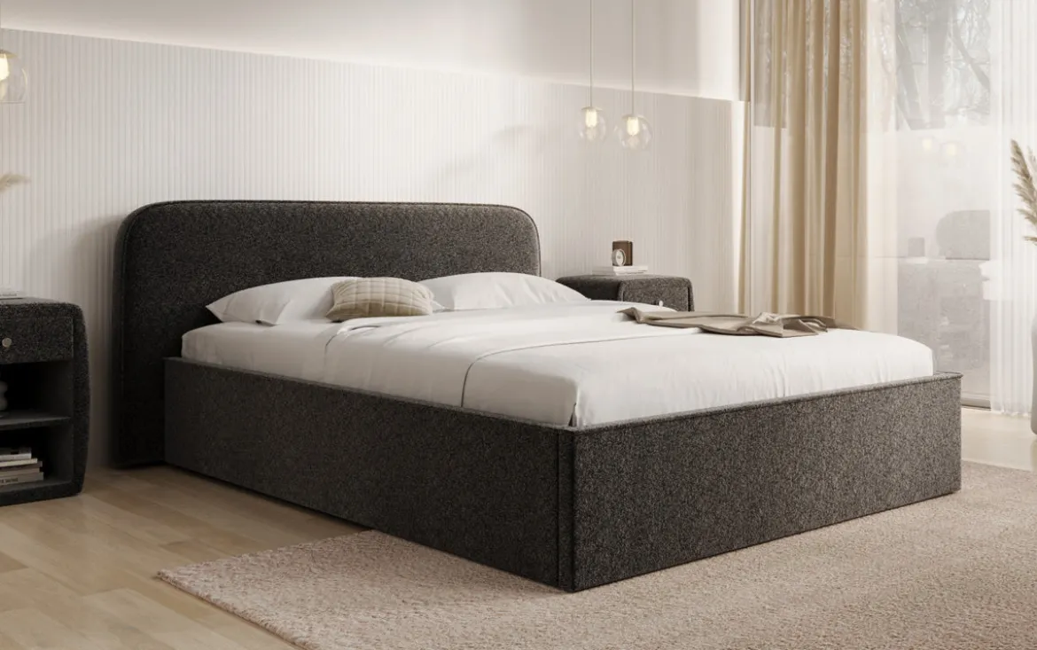 Designer Polsterbett Nola in Strukturstoff mit Stauraum