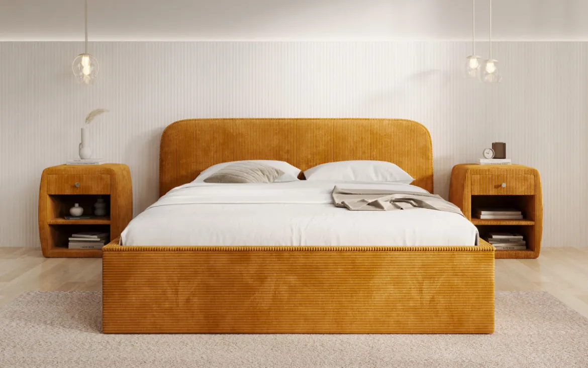Designer Polsterbett Nola in Cord mit Stauraum