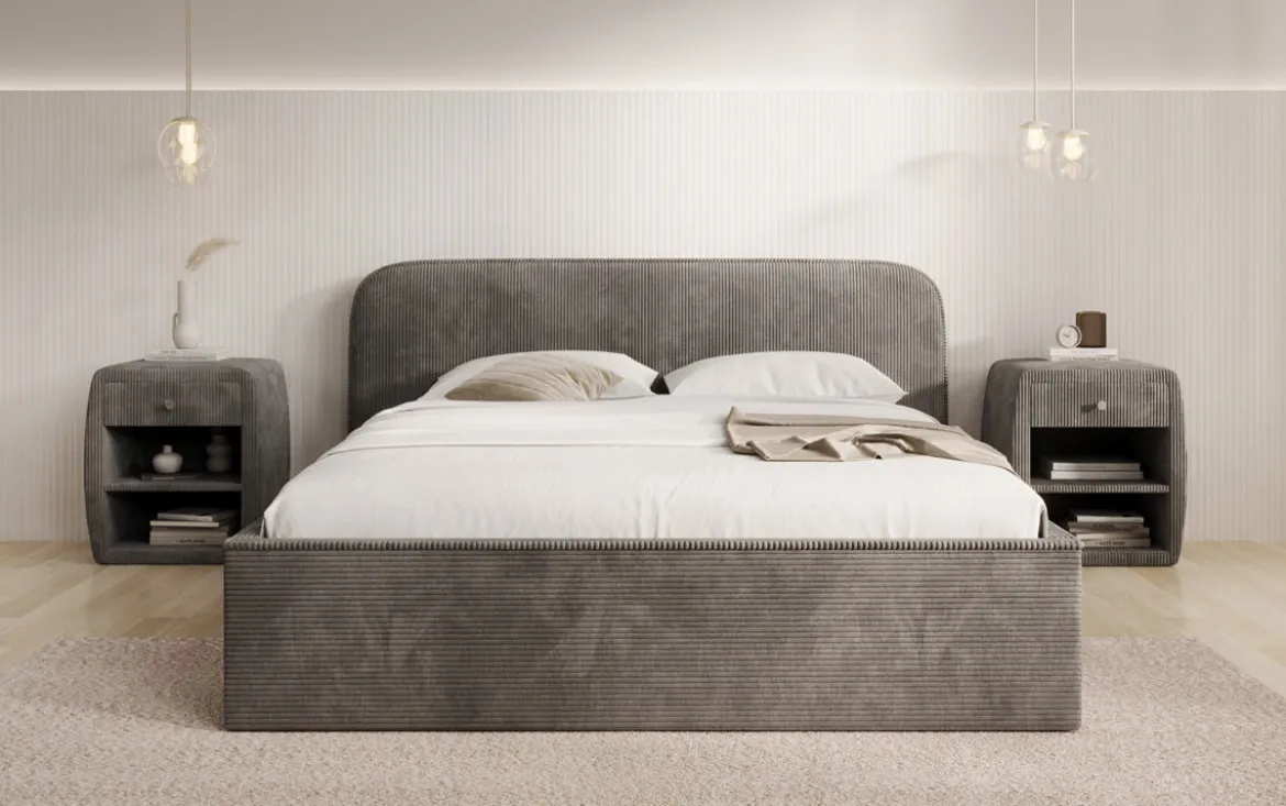 Designer Polsterbett Nola in Cord mit Stauraum
