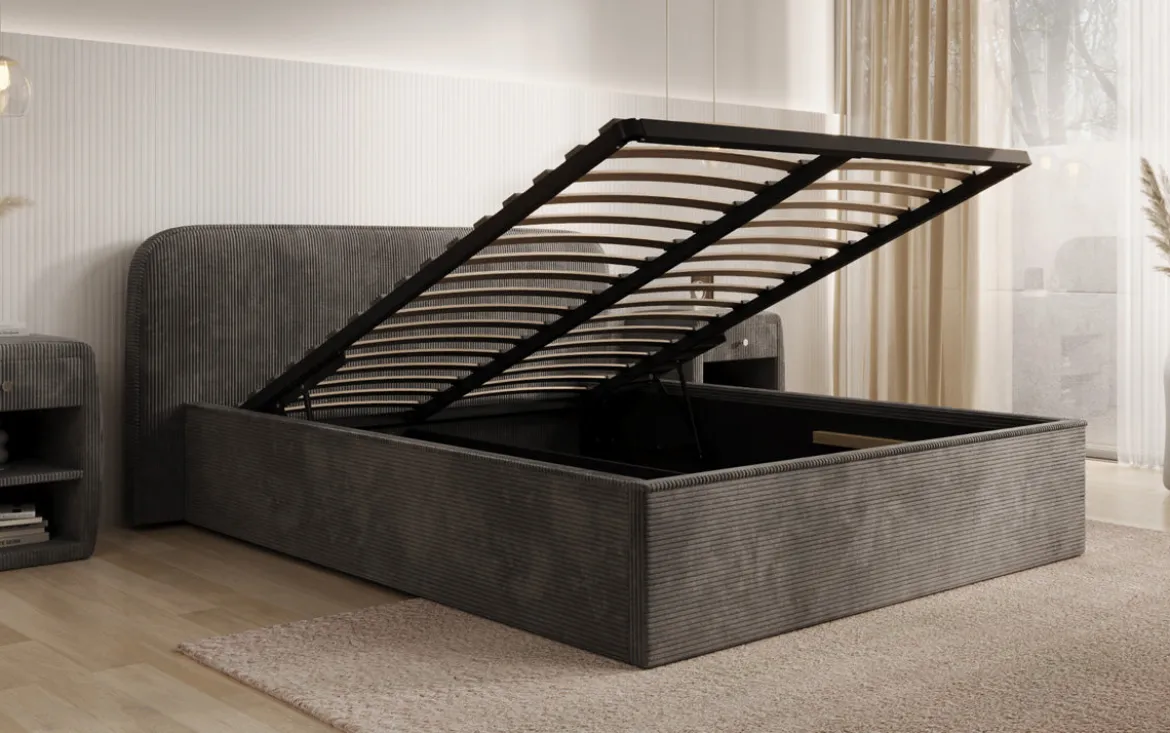 Designer Polsterbett Nola in Cord mit Stauraum