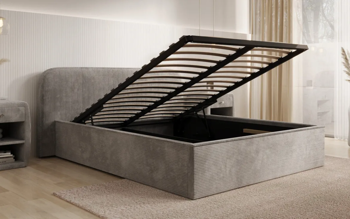 Designer Polsterbett Nola in Cord mit Stauraum