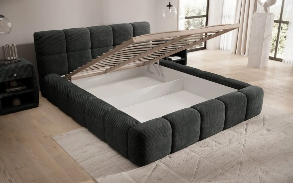 Designer Polsterbett Nox in Cord mit Stauraum