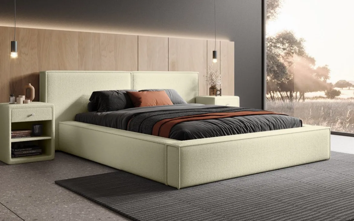 Designer Polsterbett Ophelia in Bouclé mit Stauraum