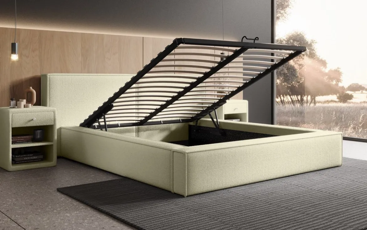 Designer Polsterbett Ophelia in Bouclé mit Stauraum