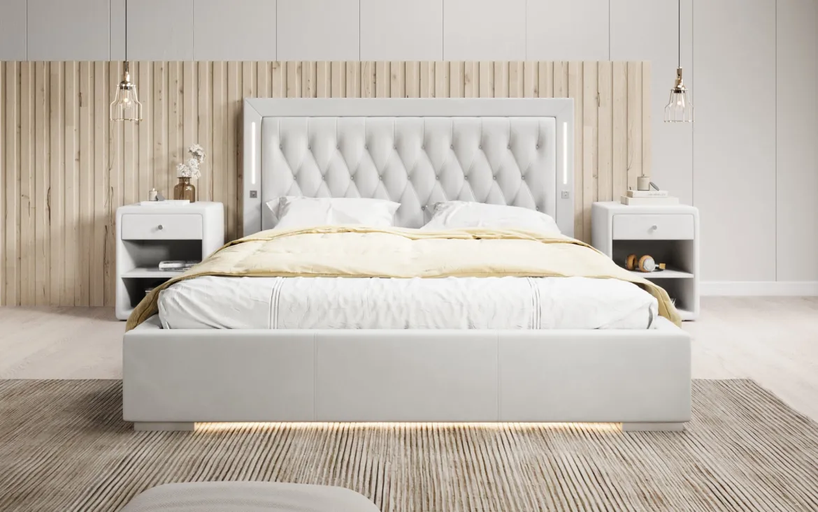 Designer Polsterbett Relina inkl. RGB, USB und Stauraum