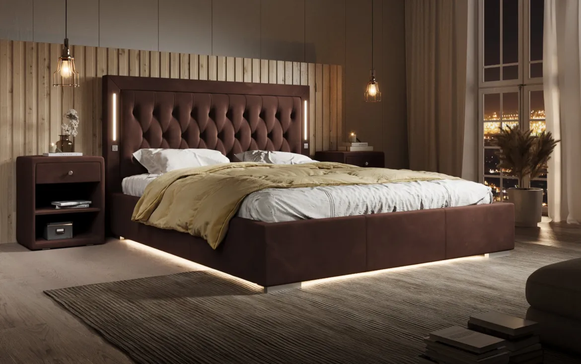 Designer Polsterbett Relina inkl. RGB, USB und Stauraum