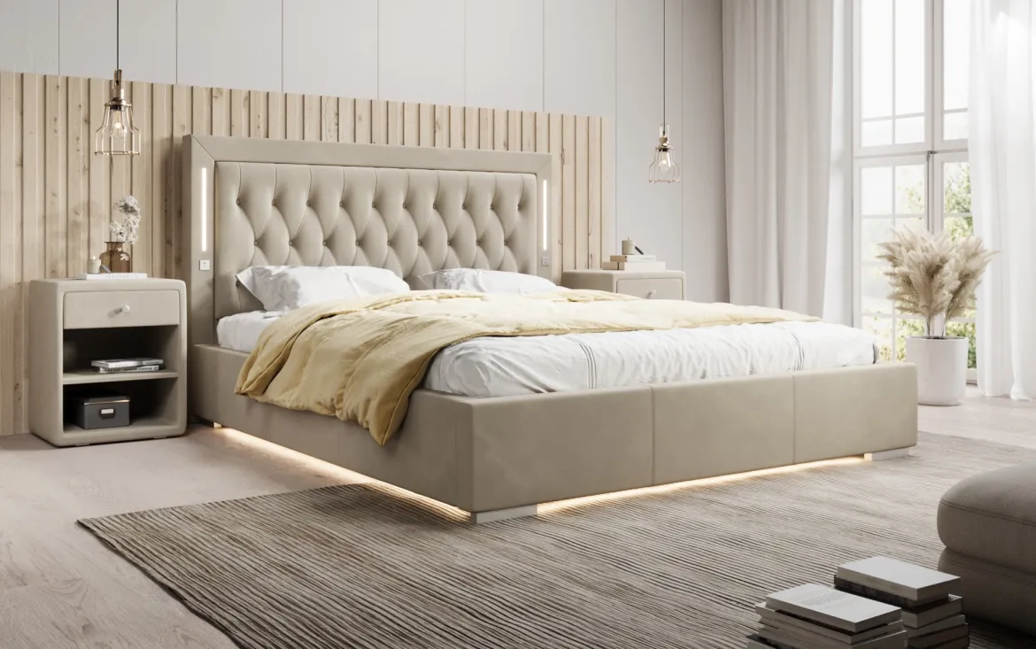 Designer Polsterbett Relina inkl. RGB, USB und Stauraum