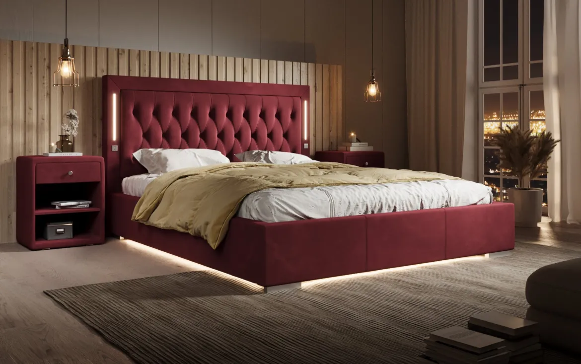 Designer Polsterbett Relina inkl. RGB, USB und Stauraum