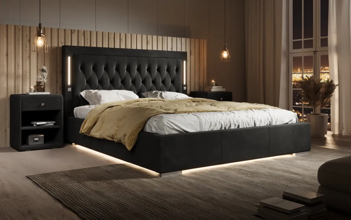 Designer Polsterbett Relina inkl. RGB, USB und Stauraum