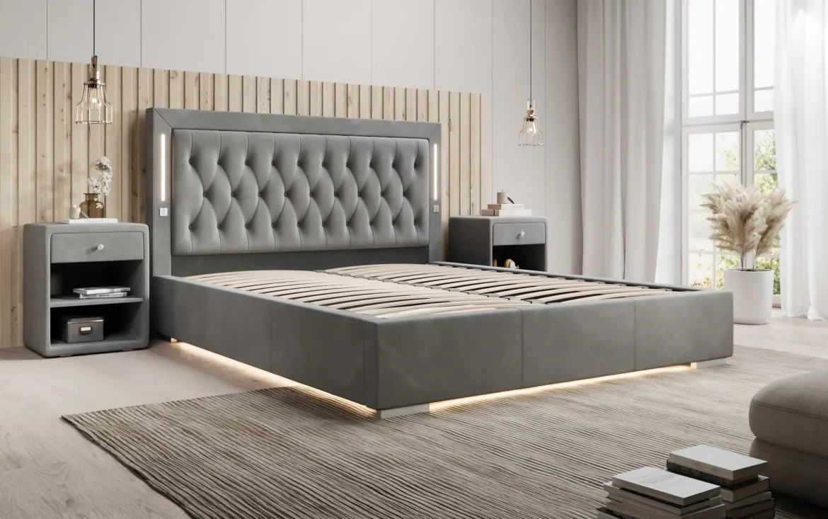 Designer Polsterbett Relina inkl. RGB, USB und Stauraum