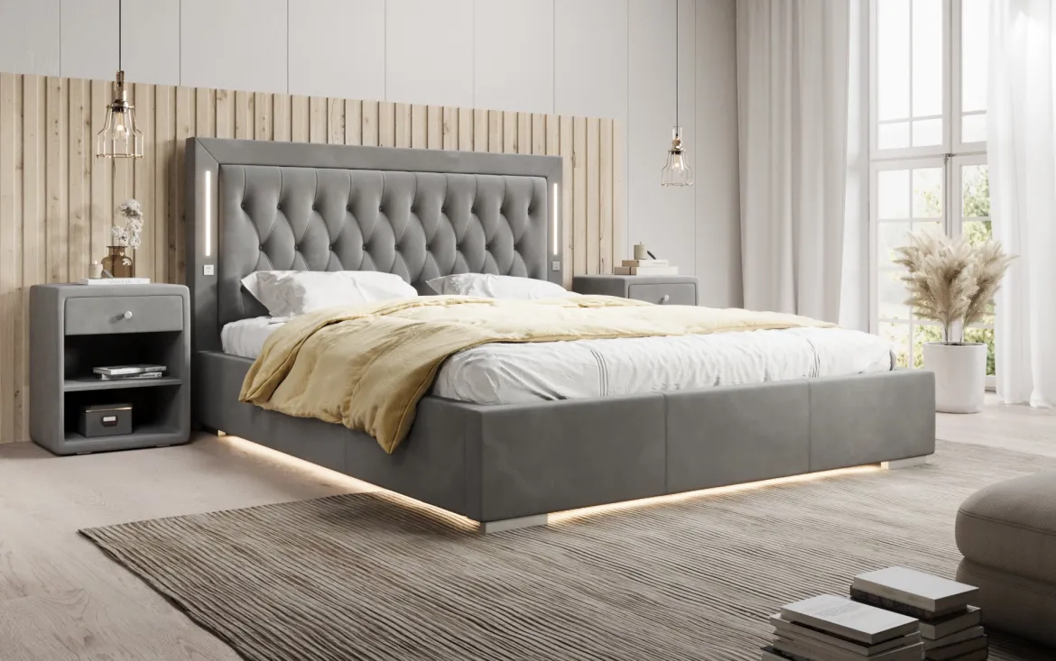 Designer Polsterbett Relina inkl. RGB, USB und Stauraum