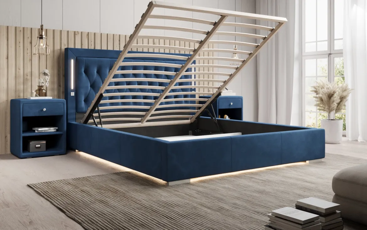 Designer Polsterbett Relina inkl. RGB, USB und Stauraum