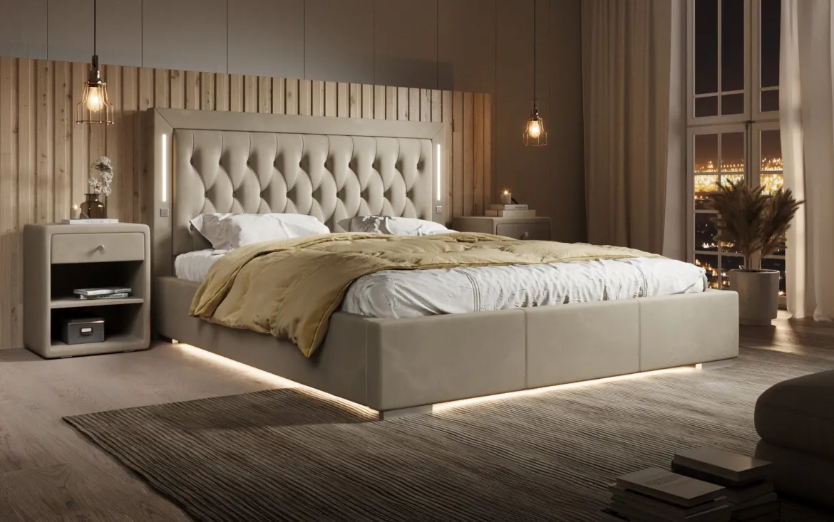 Designer Polsterbett Relina inkl. RGB, USB und Stauraum