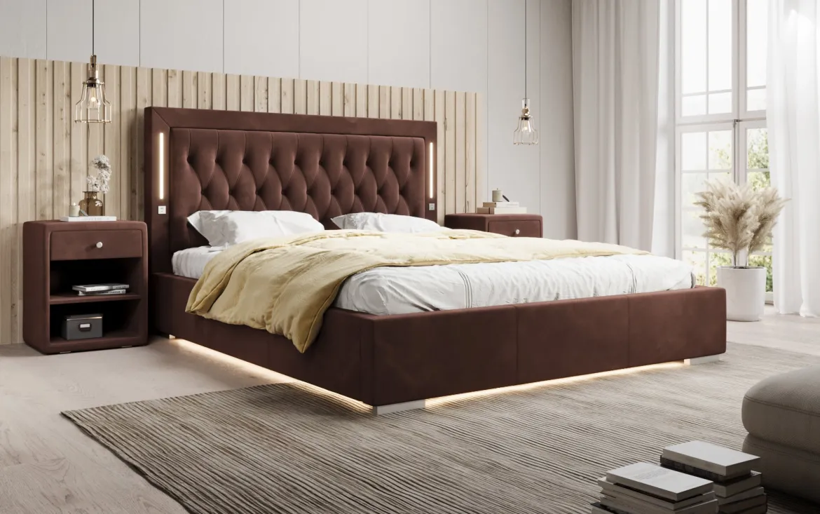 Designer Polsterbett Relina inkl. RGB, USB und Stauraum