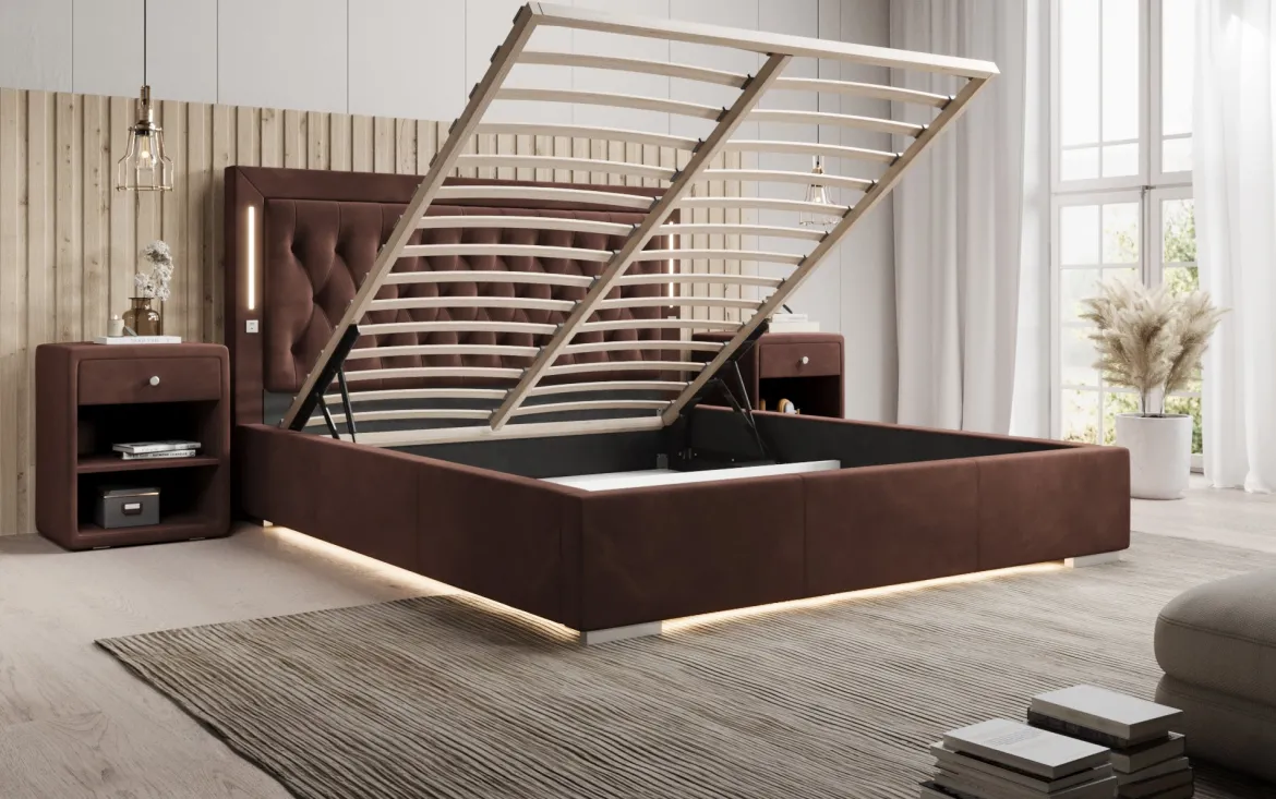 Designer Polsterbett Relina inkl. RGB, USB und Stauraum