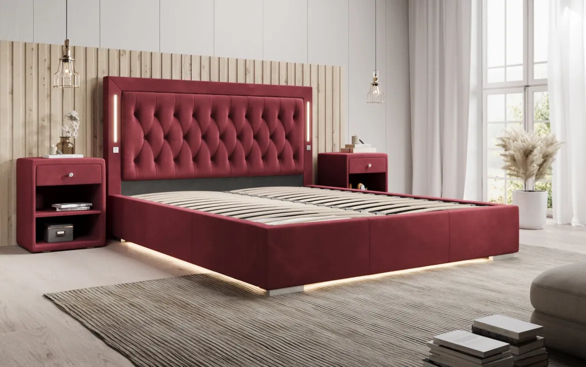 Designer Polsterbett Relina inkl. RGB, USB und Stauraum