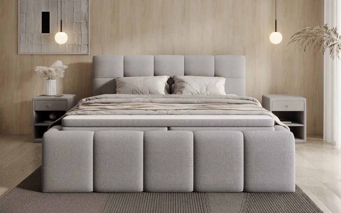 Designer Polsterbett Romy in Teddy Bouclé mit Stauraum inkl. Matratzen