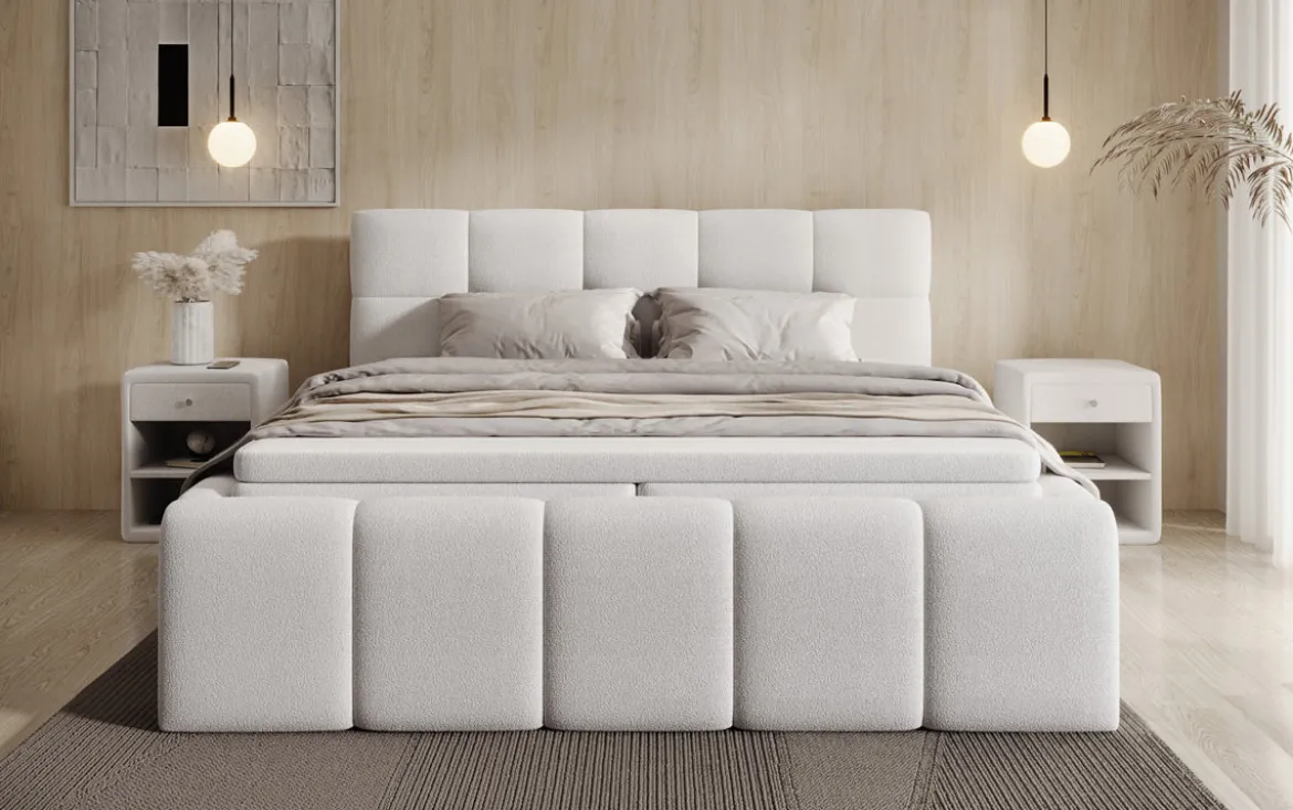 Designer Polsterbett Romy in Teddy Bouclé mit Stauraum inkl. Matratzen