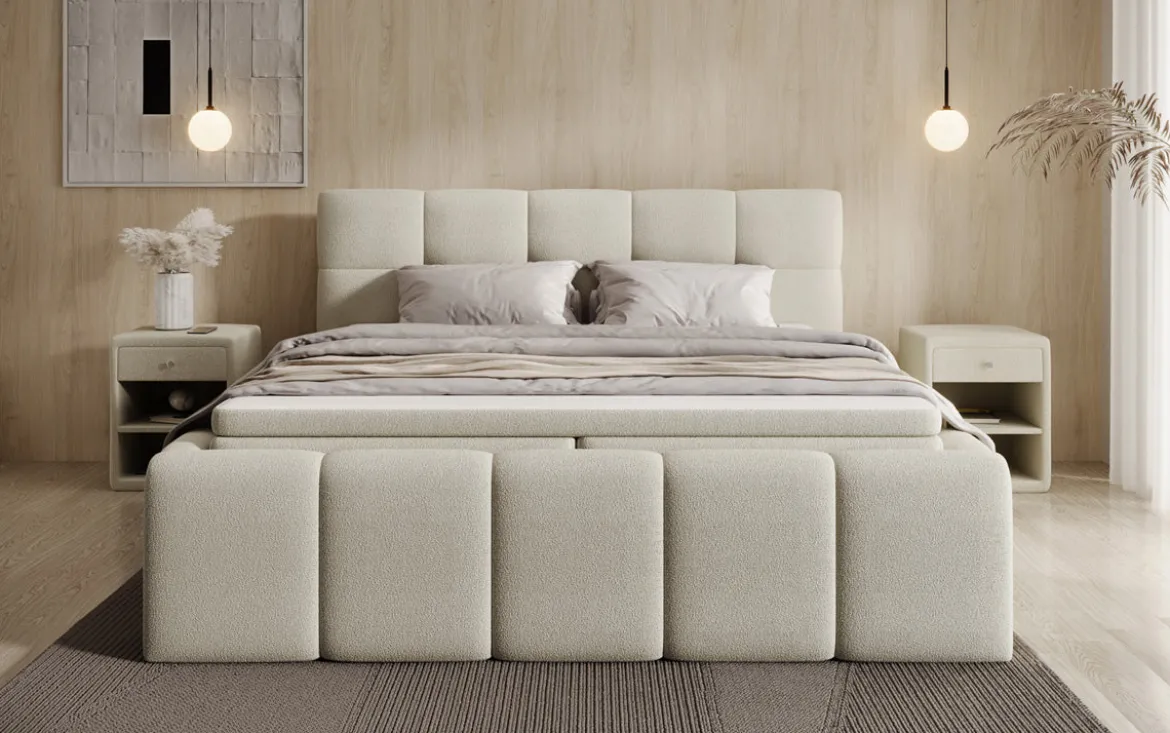 Designer Polsterbett Romy in Teddy Bouclé mit Stauraum inkl. Matratzen