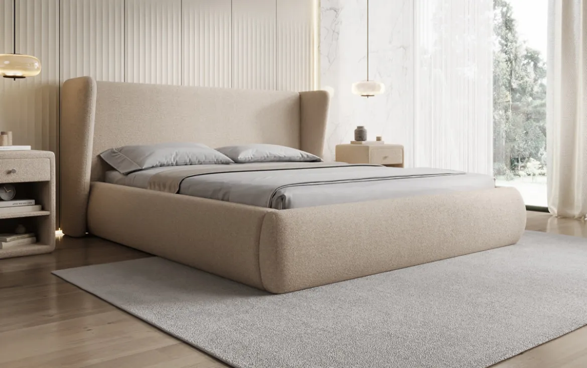 Designer Polsterbett Rosalie in Teddy Bouclé mit Stauraum