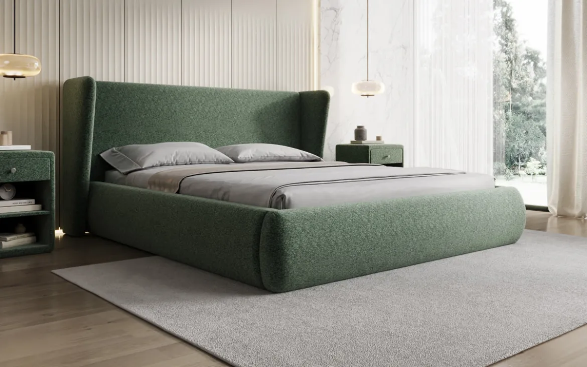 Designer Polsterbett Rosalie in Strukturstoff mit Stauraum