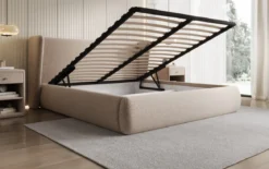 Designer Polsterbett Rosalie in Strukturstoff mit Stauraum