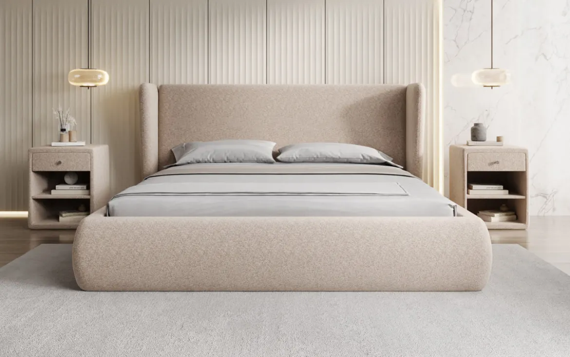 Designer Polsterbett Rosalie in Strukturstoff mit Stauraum