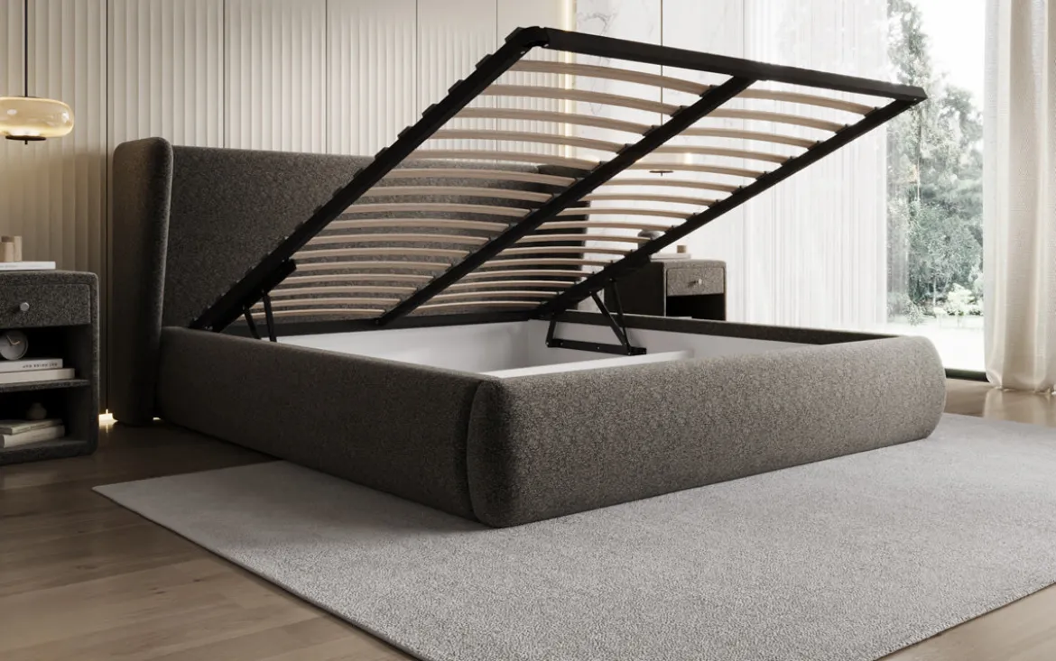 Designer Polsterbett Rosalie in Strukturstoff mit Stauraum