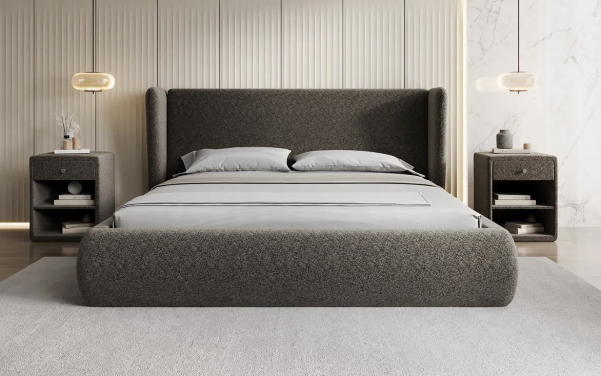 Designer Polsterbett Rosalie in Strukturstoff mit Stauraum