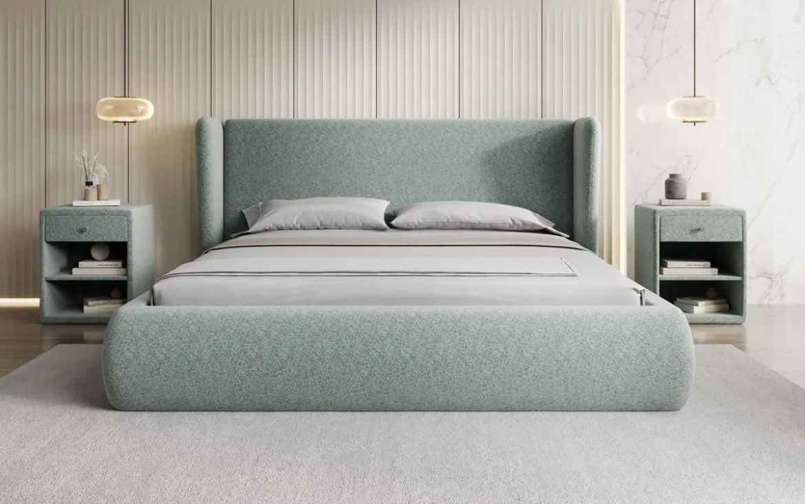 Designer Polsterbett Rosalie in Strukturstoff mit Stauraum