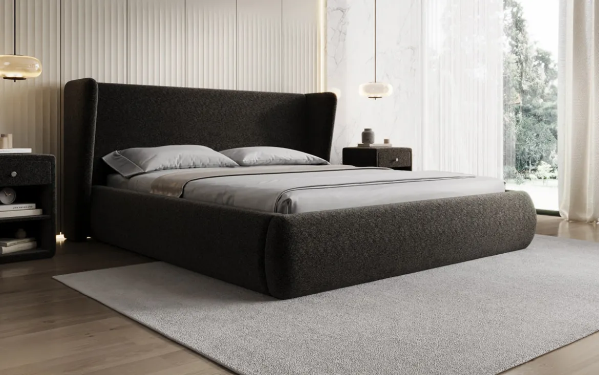 Designer Polsterbett Rosalie in Strukturstoff mit Stauraum